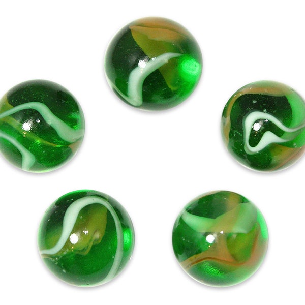 25mm "Jungle" (1") Marble Shooters Pack of 5 Translucent Emerald Green Glass White & Tawny Swirls Decorating Games Crafts Art Work