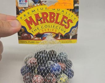 Marble Net Bag "Galaxy" Collector Series Vintage Glass Mega Marbles by Vacor Yellow Label Opaque Black with colorful splotches 1