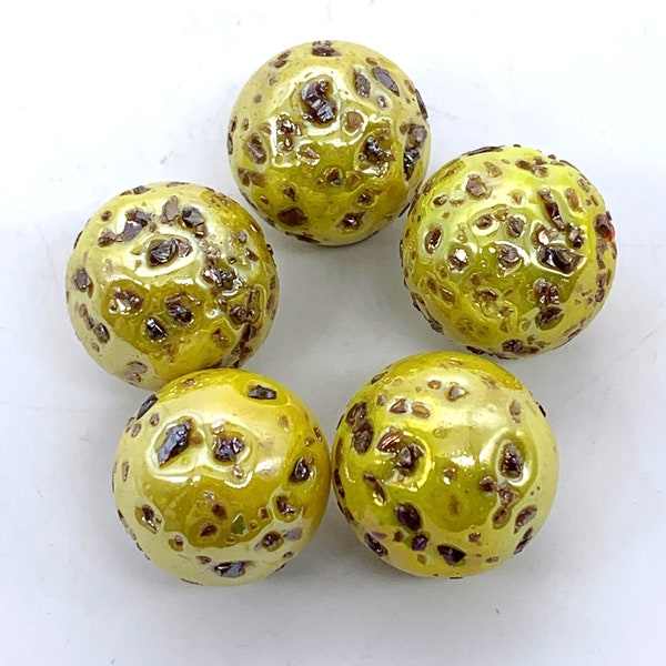 16mm Blowfish 5/8th" Player Glass Marbles Pack of 5 Iridescent Opaque Yellow Base w Brown Frit Chips Vacor 2010-2013 RETIRED