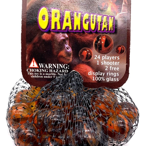 Net Bag of 25 "Orangutan" Glass Mega Marbles Transparent Orange Base w Opaque Orange Swirls Vacor 2006-2009 RETIRED Decor Party Favors Games