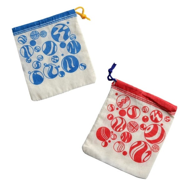 Printed Marble Cotton Bag Choice of Blue or Red - Store or Carry your Marbles in this Sturdy Cloth Pouch w Drawstring Closure