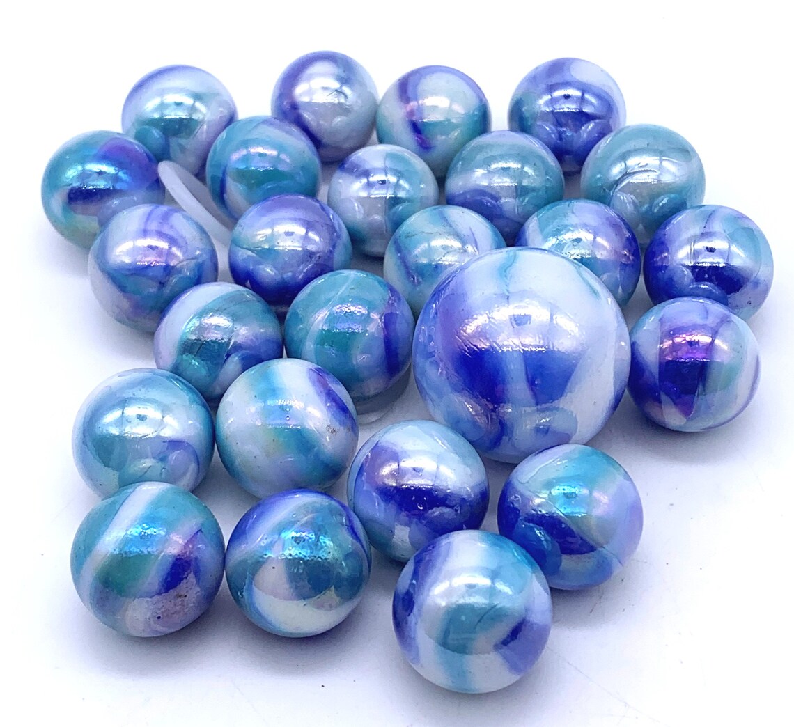Net Bag of 25 "tiger Shark" Glass Mega Marbles by Vacor White W Blue ...