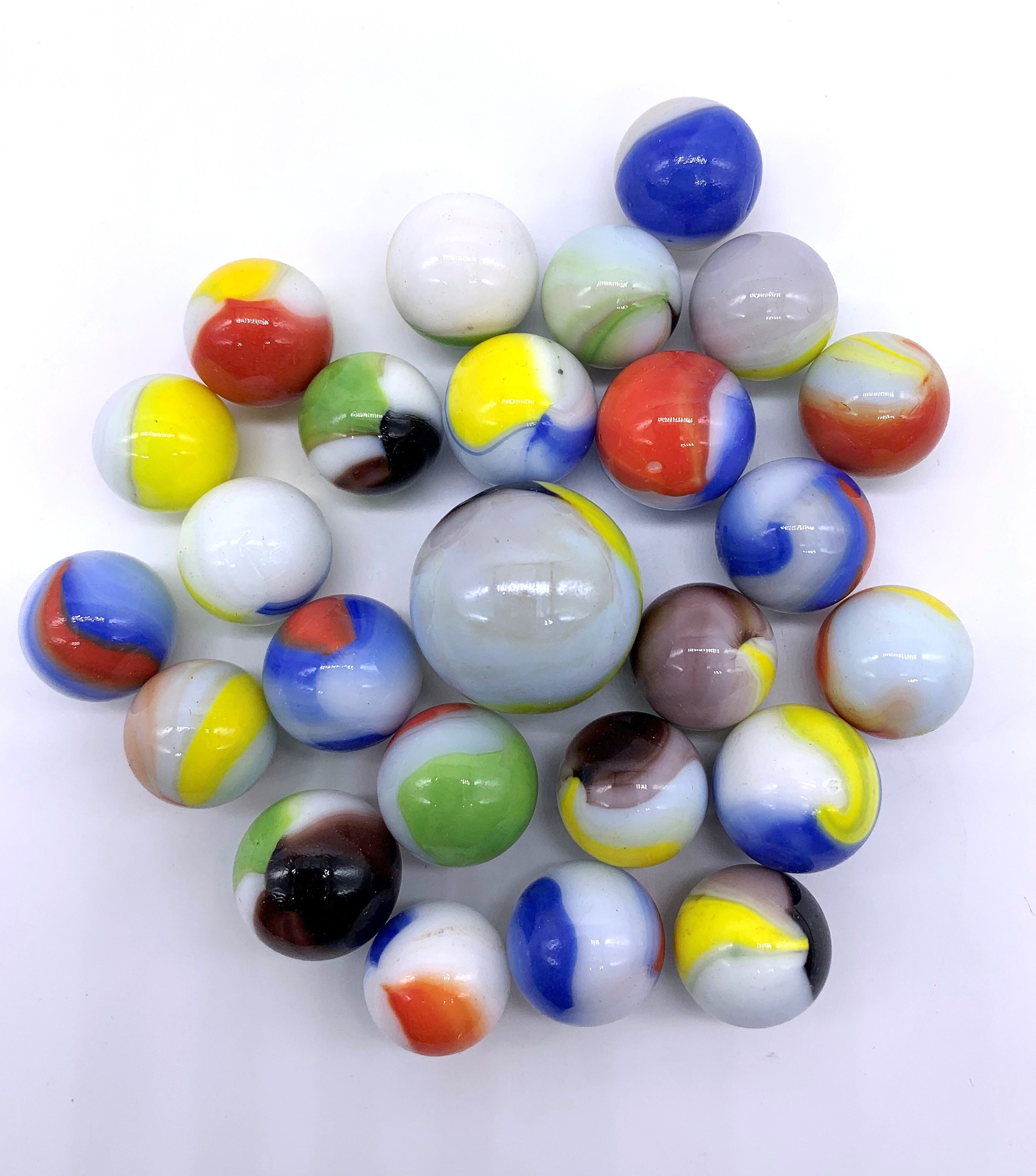 Net Bag of 25 Classic Agate Glass Mega Marbles Early Edition White W ...