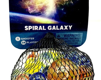 NEW for 2023! Net Bag of 25 Spiral Galaxy Glass Mega Marbles by Vacor Clear with Orange Blue Yellow & Green Swirls (Similar to Streamers)