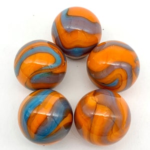 16mm "Seahorse" (5/8th") Glass Marble Players - Pack of 5 Orange w Blue and Black Swirls Vacor Decor Party Favors Games