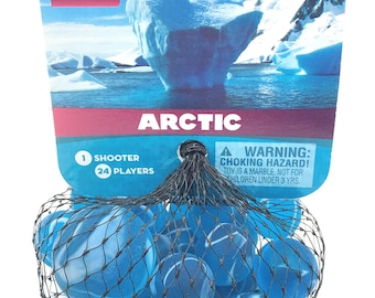Arctic II Net Bag Glass Mega Marbles 24 Players, 1 Shooter Per Bag Iridescent Translucent Blue with White Swirls Beautiful Marble Decor Art