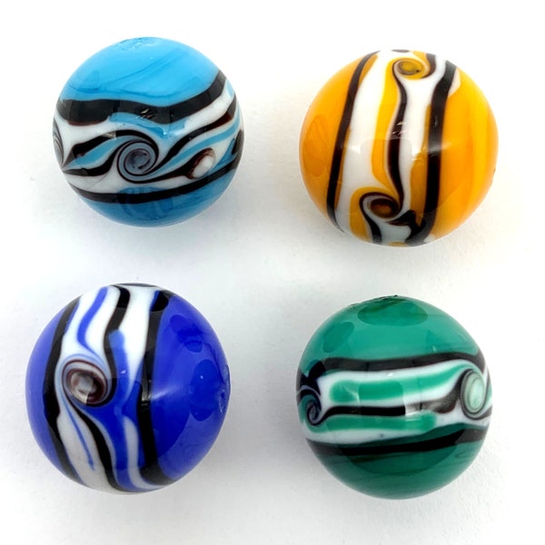 New for 2022!! "Riptide" 16mm Handmade Art Glass Marbles Choice: Set of 4 Colors or Single Yellow/Orange Light Blue Dark Blue or Green/Teal