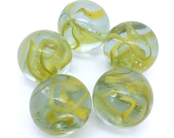 Pk of 5 "Spaghetti" 25mm Glass Shooter Marbles (1")  Clear with Yellow / Green Swirls Inside Great for Decorating Games Crafts Art Work