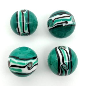 New for 2022!! &quot;Riptide&quot; 16mm Green/Teal Player (5/8&quot;) Handmade Art Glass Marbles with Wraparound Waves Design Pack of 4 with Stands
