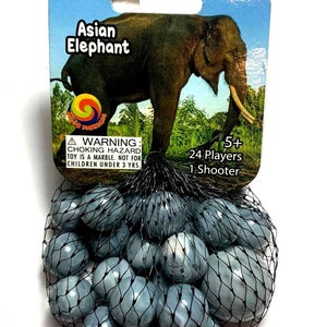 Net Bag of 25 "Asian Elephant" Glass Mega Marbles 24 Players and 1 Shooter Opaque Medium Gray Base with White Swirls RARE!! RETIRED!