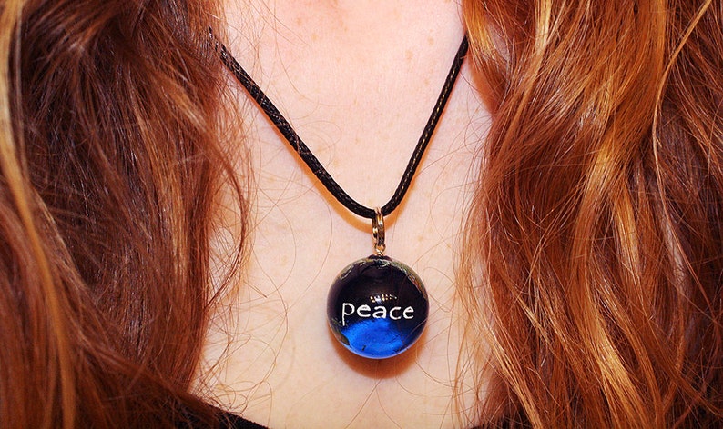 78 Inch Blue Recycled Glass Earth Orb w Black Waxed Cotton Cord Peace on Earth Marble Necklace