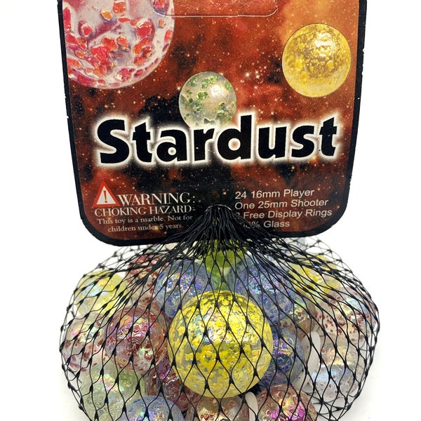 Net Bag 25 "Stardust" Glass Mega Marbles 24 Players & 1 Shooter Clear w Red Yellow Green or Blue Frit 2003 Early Edition Iridescent Finish