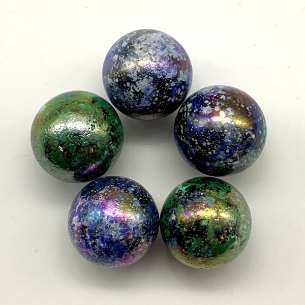 16mm "Jupiter" Glass Marble (5/8th") Players Pk of 5 Iridescent Metallic Black Base w Green & White or Blue and White Color Specks Vacor