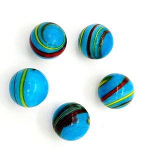 16mm Art Glass Navajo Player Marbles Pack of 5 Recycled Glass Blue with Red and Yellow Stripes - RETIRED!! Decorating Games Crafts Art Work