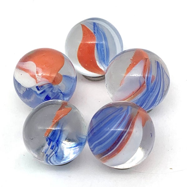 16mm SC Cat's Eye (5/8") Glass Mega Marble Players Three Color Vanes: Blue, White, and Orange Pk of 5  Vacor Decor Party Favors Art Jewelry