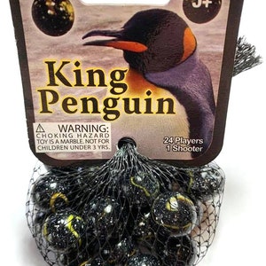 Net Bag 25 King Penguin Canadian Version Glass Mega Marbles Black w Yellow Swirls & White Spots 2006-2009 Vacor Decor Party Favors Games