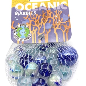 NEW for 2022! Net Bag 21 &quot;Oceanic&quot; Glass Marble Assortment Mix that Reflects Colors of the Ocean House of Marbles Decor Party Favors Games