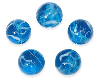 16mm "Stingray" Glass Marble Players (5/8th") - Pack of 5 w/Stands Transparent Light Blue w White Swirls - Choice of Regular or Thin Swirls