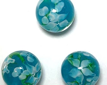 16mm Hibiscus Handmade Art Glass Player Marbles Pk 3 (5/8") Clear Aqua Blue Glass w Light Blue Flowers & Green Swirls Decor Games Crafts Art