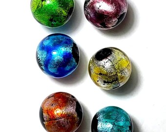 Single 16MM Constellation Handmade Art Glass Player Marbles w/Stands - Black Base w Colored Foil: Blue, Green, Purple, Red, Teal, or Yellow