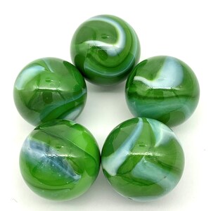 NEW for 2023! Pk of 5 Green Python 25mm 1" Glass Mega Marbles Shooters by Vacor Glossy Green with White Swirls (Similar to Fungus) Games