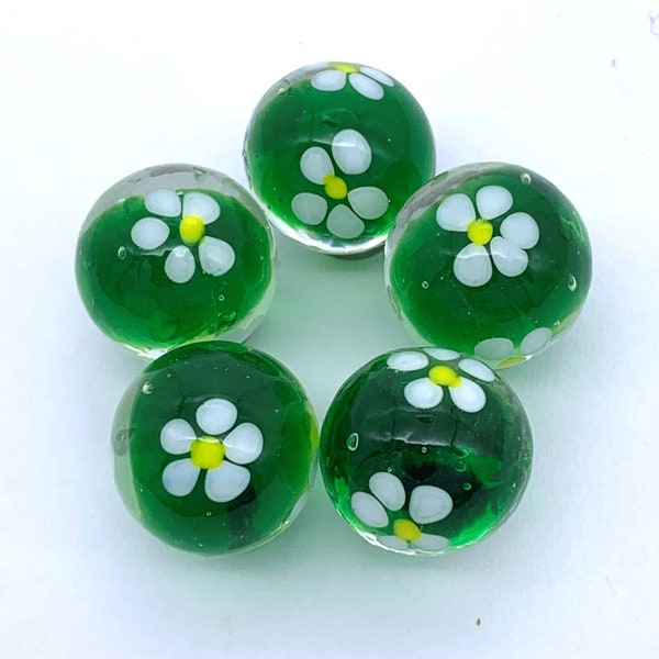New for 2023! Green Blossom 16mm Handmade Art Glass Player Marbles 5/8" Choice: Single or Pack of 5 Transparent Green w White Flowers Vacor