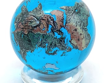 Aqua Crystal Earth Sphere Marble & Stand - 35mm w/ Natural Earth Continents w Glass Stand Great for Party Favors Decor Arts Crafts