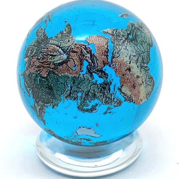 Aqua Crystal Earth Sphere Marble & Stand - 35mm w/ Natural Earth Continents w Glass Stand Great for Party Favors Decor Arts Crafts