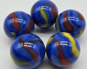 NEW FOR 2025! 25mm Molecule Marble ~1" Glass Shooter Marbles Pack of 5 Blue Base with Yellow & Red Swirls Vacor Decor Science Themed