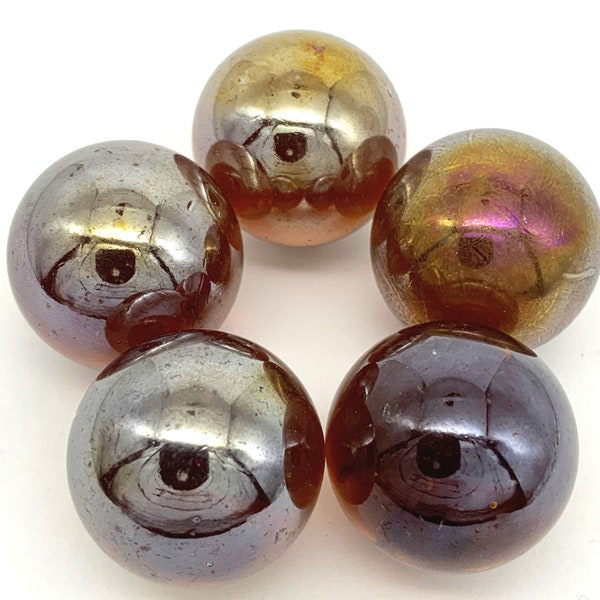 25mm Oily Honey Glass Shooter Mega Marbles (1") Single or Pack of 5 Transparent Iridescent Honey Yellow / Brown Rainbow Finish Vintage 1993