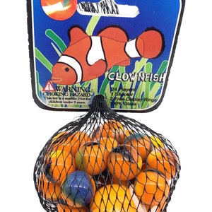 Net Bag of 25 Clownfish Glass Mega Marbles by Vacor Reired 2006 Opaque Orange w Black White Yellow Green or Blue Decor Party favors Games