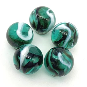 16mm Early Edition Wicked Owl Pk 5 Glass Player Mega Marbles Transparent Teal w White & Black/Gray Swirls Vacor 2005 Decor Games Crafts Art