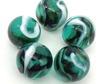 16mm Early Edition Wicked Owl Pk 5 Glass Player Mega Marbles Transparent Teal w White & Black/Gray Swirls Vacor 2005 Decor Games Crafts Art