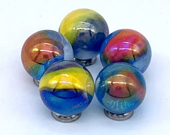 Surfing 16mm Glass "Early Edition" Player Marbles - Pk of 5 - Shiny Transparent Blue Base w Rainbow Colors - Pre-2000 Retired! Surfer Vacor