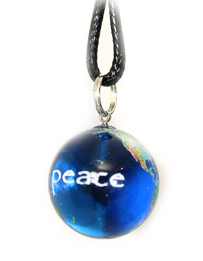 78 Inch Blue Recycled Glass Earth Orb w Black Waxed Cotton Cord Peace on Earth Marble Necklace