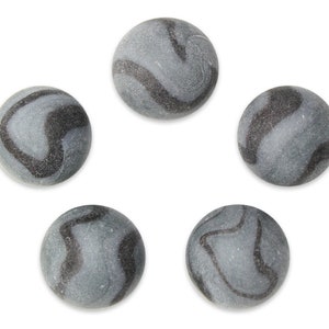 May include: Five gray and black swirl marbles. The marbles are arranged in a circle on a white background.