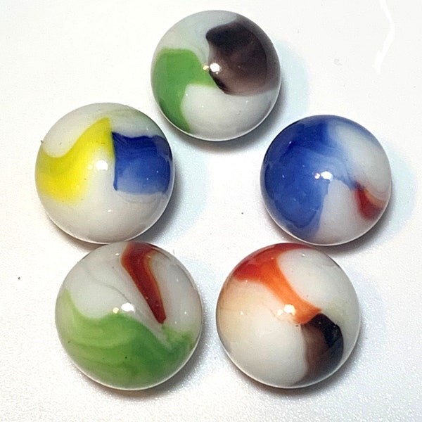 16mm "Agate" Glass Marble Players Pk 5 5/8th" Choice of Color  White Base w Blue Red Green Black or Yellow RARE! Vacor