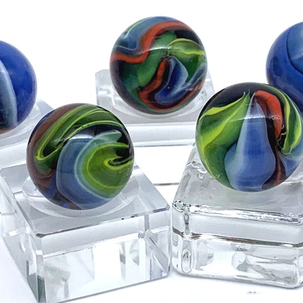 1st Generation Michelangelo 16mm Glass Mega Marble Players (5/8th") Pack of 5 w Ornate Colorful Swirls Vacor RARE! Set CC