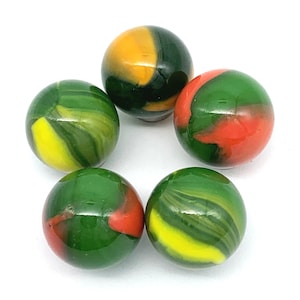 May include: Six glass marbles with swirling patterns of green, yellow, and red.