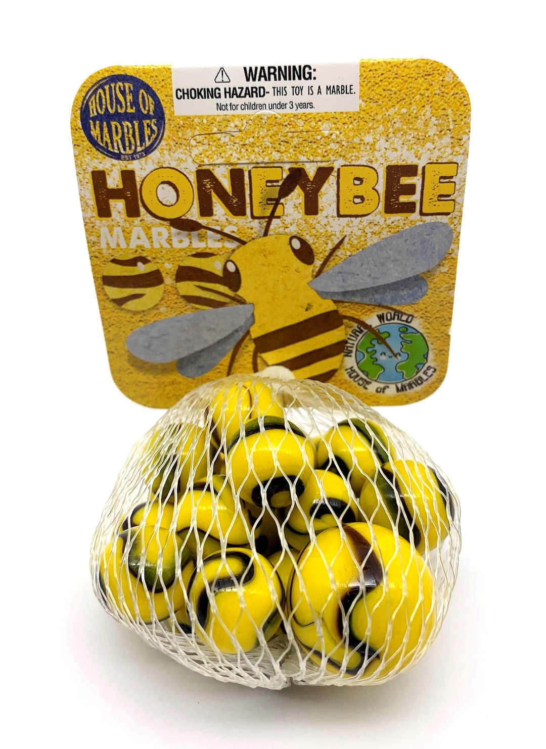 NEW for 2022! Net Bag of 21 "honeybee" Glass House of Marbles Yellow W ...