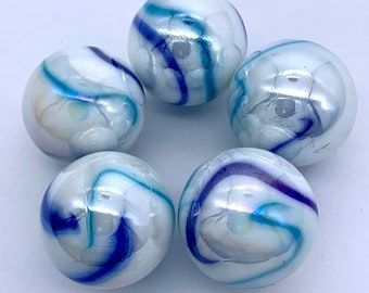 New for 2023! 25mm Jellyfish2 Glass Marble Shooters Pack of 5 (1") Vacor House of Marbles White w Blue Swirls Games Crafts Party Favors