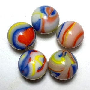 Picasso 16mm Glass "Early Edition" Player Marbles - Pack of 5 White Base w Blue, Yellow & Orange-Red Swirls - Pre-2000 Retired! RARE! Vacor