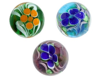 Paeony - 16mm Handmade Art Glass Marbles - Set of 3 w Stands Decorating Games Crafts Art Work Jewelry Collecting.