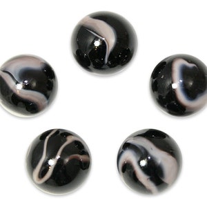 16mm Zebra Player Marbles Zebra 5/8th" Glass Shooters Pack of 5 Opaque Black Base with Swirls of White,Gray & Brown Vacor