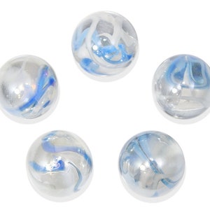 16mm Pk of 5 Ice Queen Glass Player Marbles (5/8th Inch) Transparent w White and  Blue Swirls Vacor