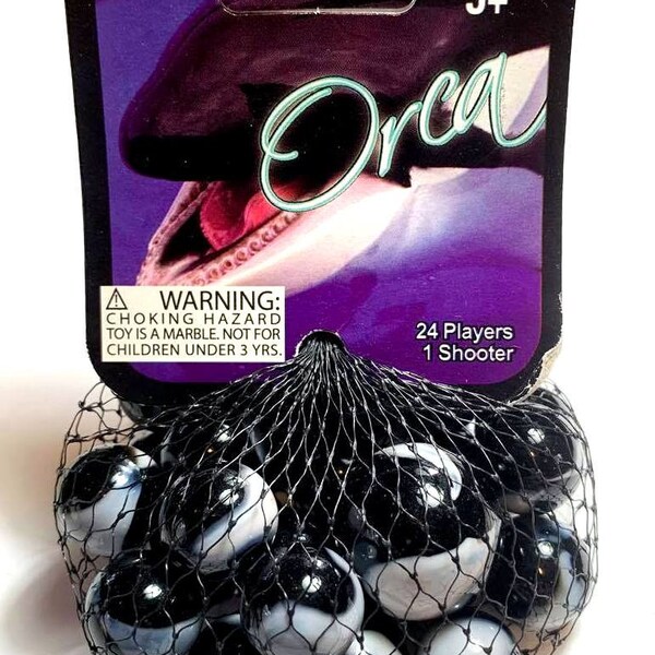 Net Bag of 25 "Orca" Glass Mega Marbles 24 Players and 1 Shooter Opaque Black with White Swirls Vacor Decor Party Favors Games Yard Art