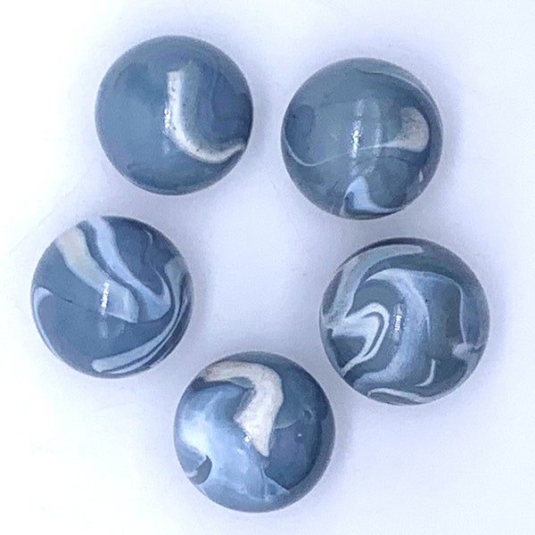 16mm "Stegosaurus" Pack of 5 Glass Marble Players (5/8th") Slate Light Gray with White Swirls Vacor 2004-2007 RETIRED!
