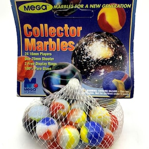 May include: A bag of 24 16mm glass marbles and one 25mm shooter marble. The marbles are in a variety of colors, including red, yellow, blue, and white. The bag is labeled "Mega Marbles for a New Generation" and "Collector Marbles".
