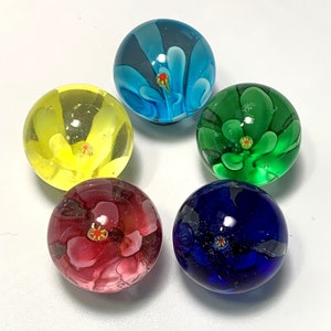 Hollyhock 16mm Handmade Art Glass Flower Marbles Choice of Assorted Set of 4 or 5, or Single Colors Green Light Blue Dark Blue Pink Yellow