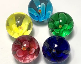 Hollyhock 16mm Handmade Art Glass Flower Marbles Choice of Assorted Set of 4 or 5, or Single Colors Green Light Blue Dark Blue Pink Yellow